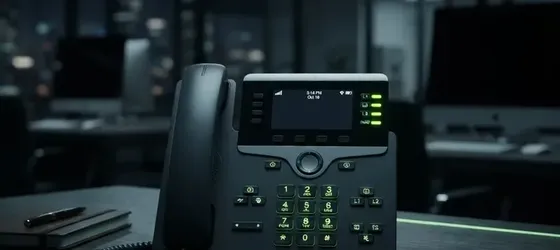 VoIP business desk phone with green indicator lights